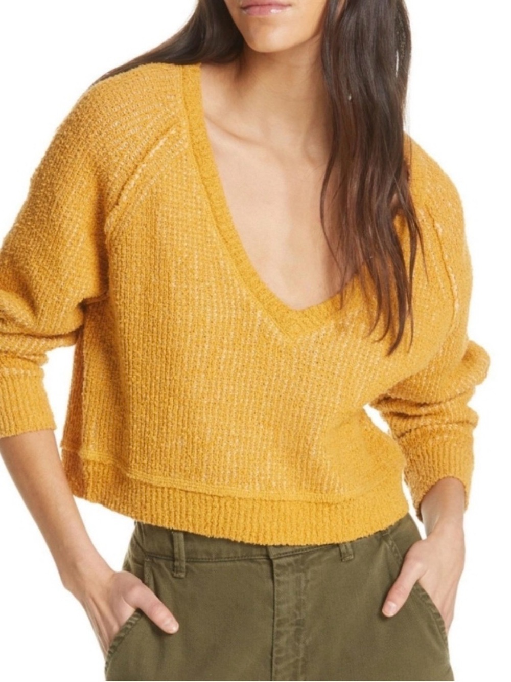 FREE PEOPLE - HIGH LOW V TEXTURED SLOUCHY SWEATER - DE SOLEIL